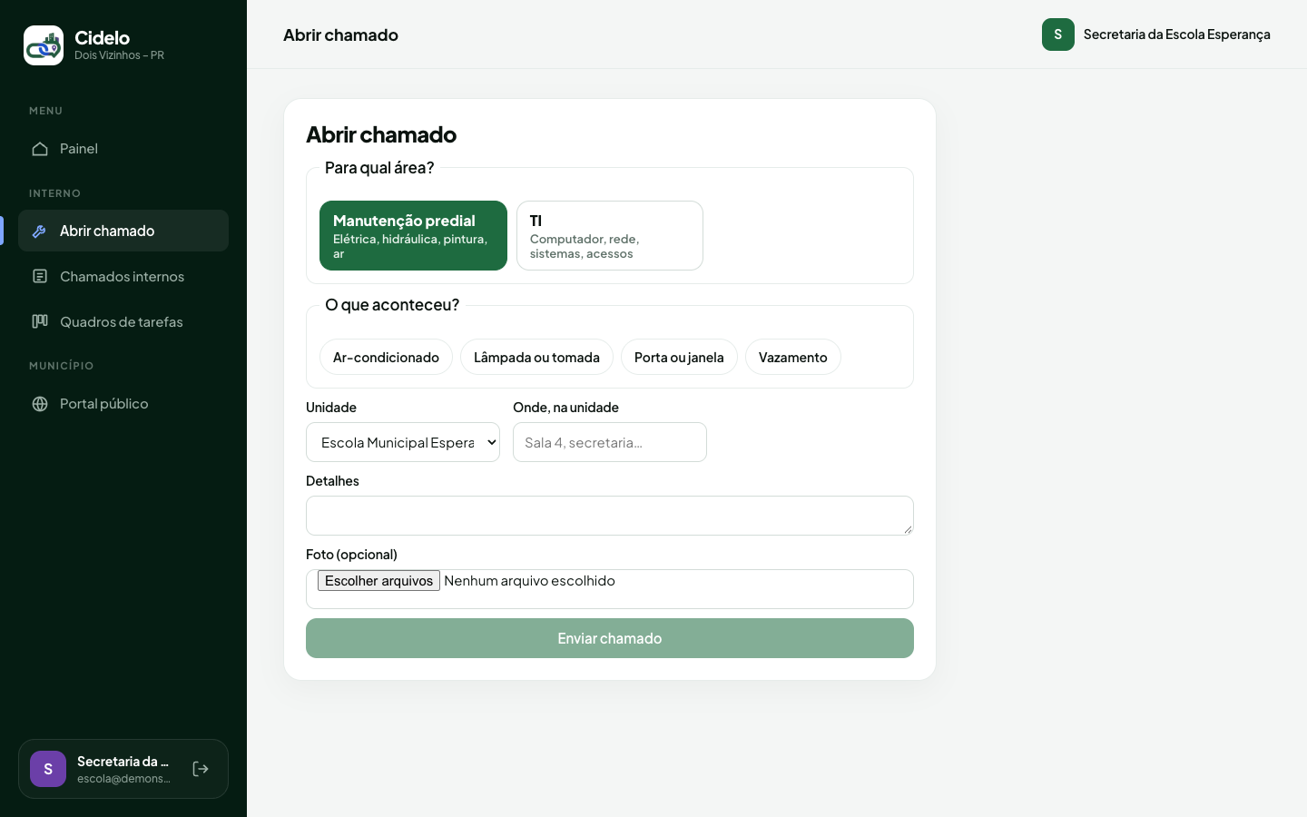 Abrir Chamado Interno (Homologação Online)