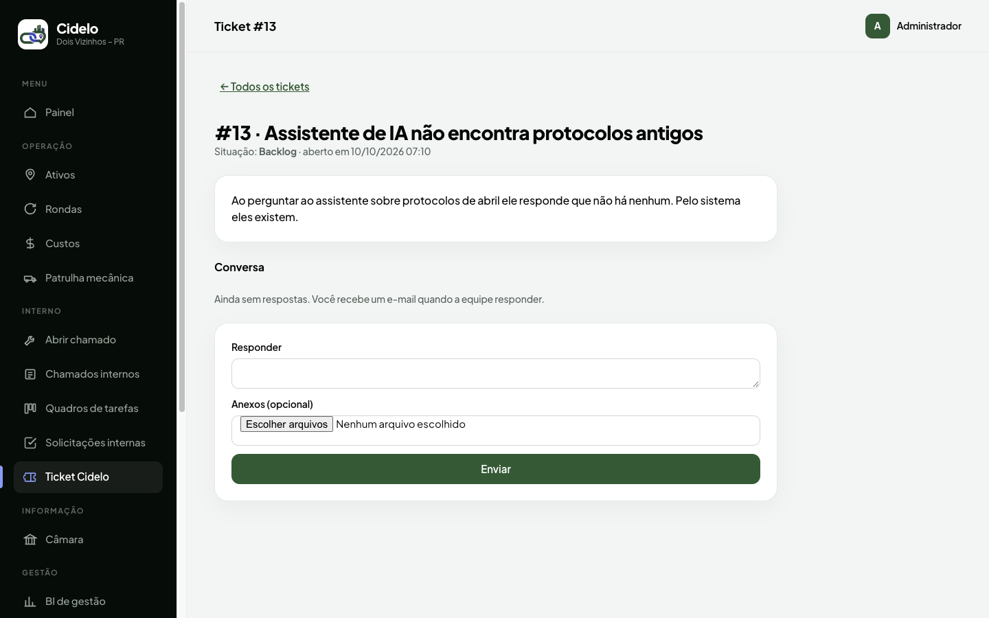 Detalhe do Ticket Cidelo (Homologação Online)