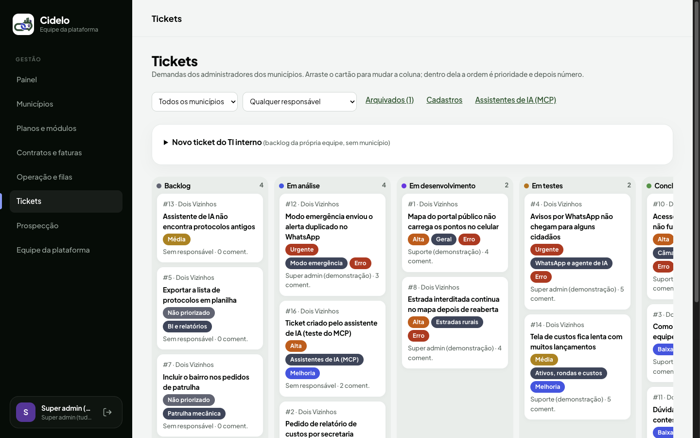 Quadro de tickets da plataforma (Homologação Online)