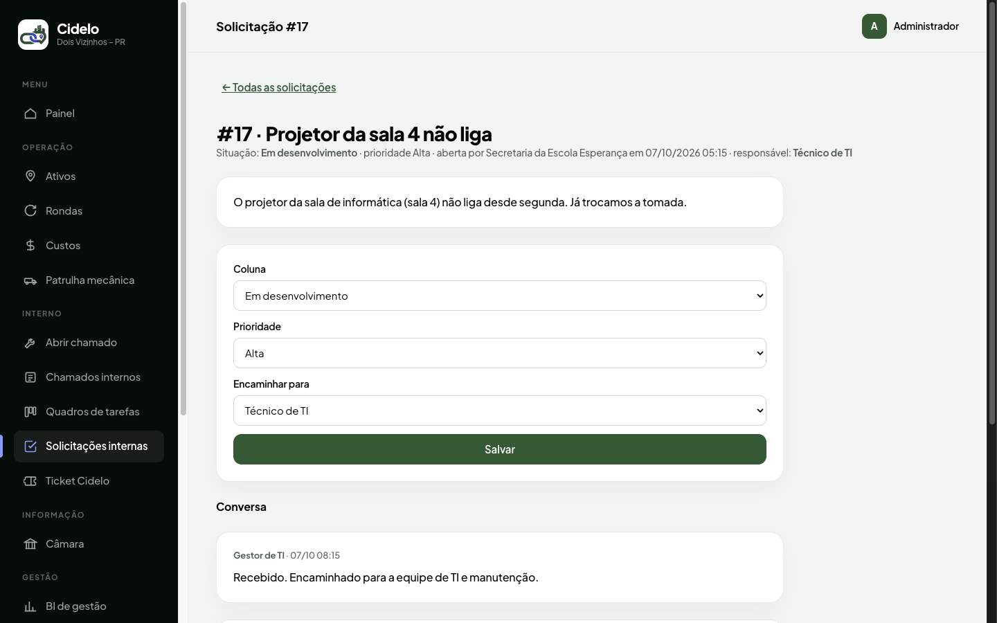 Detalhe da solicitação interna (Homologação Online)