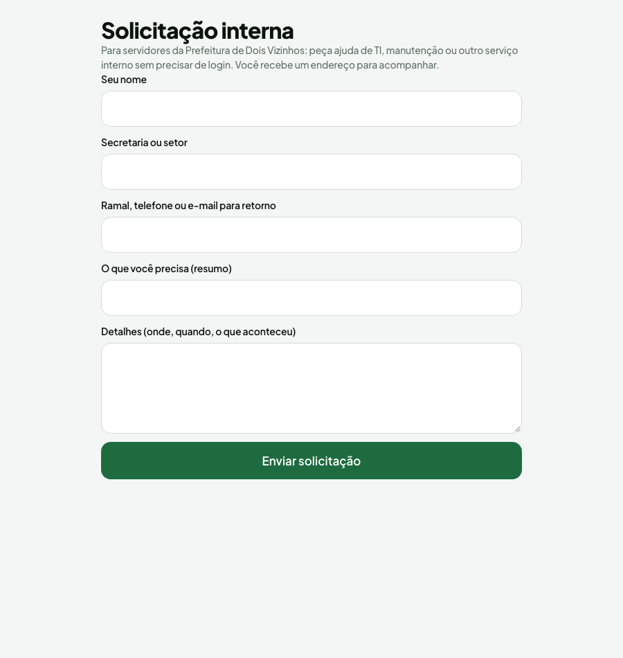 Formulário público de solicitação interna (Homologação Online)