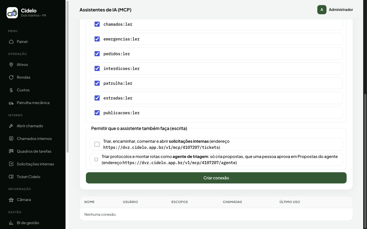 Nova conexão MCP com escopos de escrita (Homologação Online)