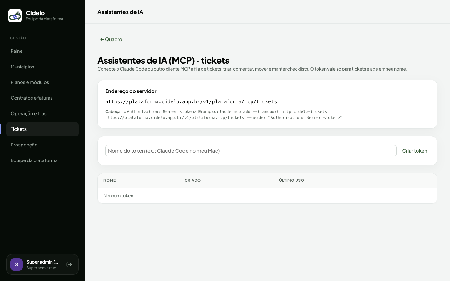 Tokens do MCP de tickets da plataforma (Homologação Online)